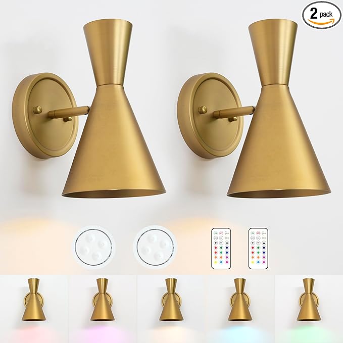 HEQIQEH Adjustable Modern Battery Powered Wall Sconces Light Set of 2 with Flared Funnel Metal Shade, 13 RGB Remote Control Dimmable Wall Mounted Lamp for Galleries, Hallway, Bedroom, Hotels
