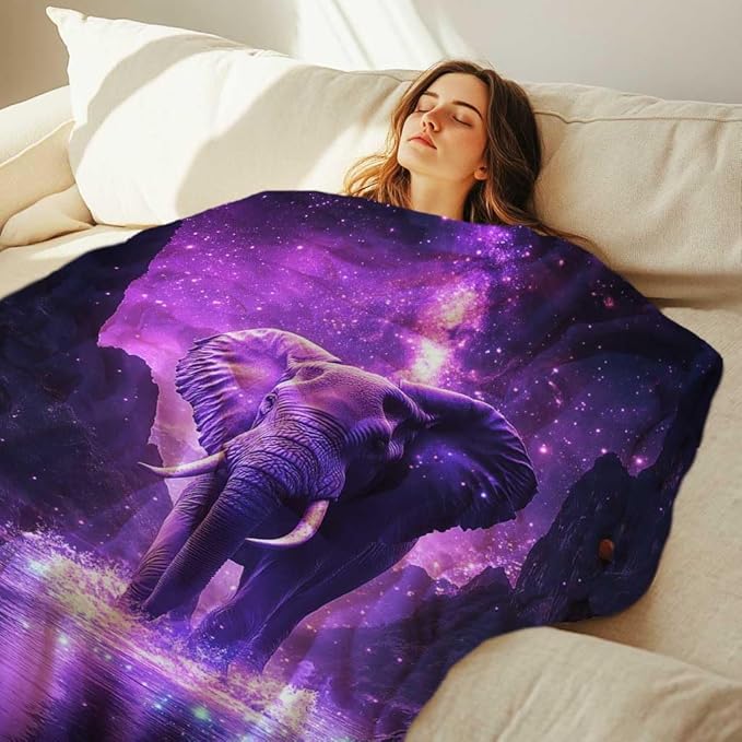 Elephant Throw Blanket, Elephant Gift for Women Men, Fleece Purple Print Pattern, Soft Plush Lightweight for Couch, Sofa, Bed and Living Room Decor, 50x60 inches