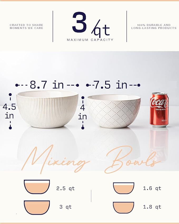 getstar Deep Ceramic Mixing Bowl Set of 2, 3&1.8 Qt Large Salad Serving Bowls Vintage Nesting Mixing Bowls for Cooking, Baking, Prepping, Microwave and Dishwasher Safe