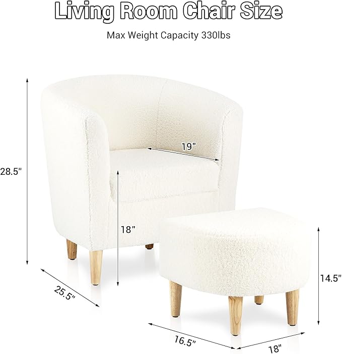 DAZONE Sherpa Accent Chair with Ottoman, White Fluffy Teddy Barrel Armchair for Cozy Living Room, Small Comfy Chairs for Bedroom, Reading Corner