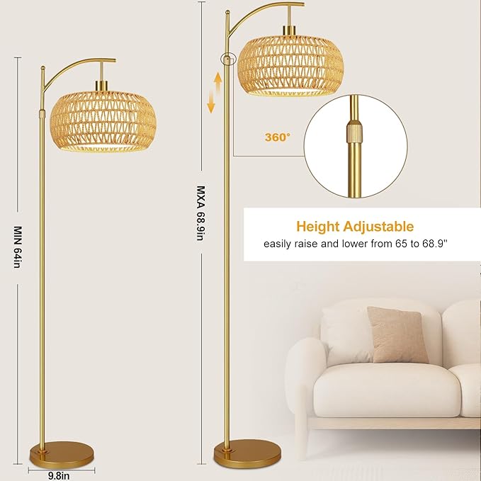 Gold Floor Lamps for Living Room Rattan Boho Floor Lamp with Remote Control,Arc Floor Lamp Wicker Lamp Shades Dimmable Standing Lamp with 3 Color Temperature Tall Floor Lamps For Bedroom Corner