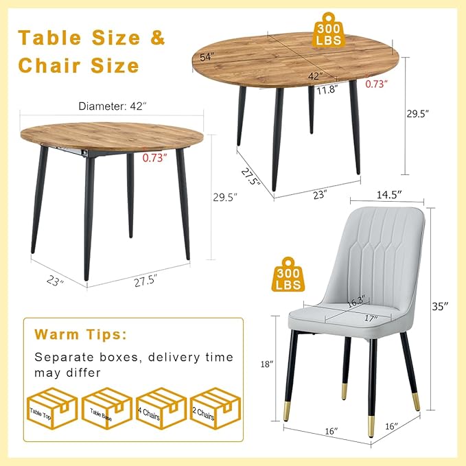 42"-54" Extendable Dining Table Set for 6, Oval Dining Table Set for 6, 0.73" Thick Wood Tabletop with Smooth Edge, Black Metal Leg with Non-Slip Footmat, 6 Soft PU Chairs, for Kitchen, Small Space