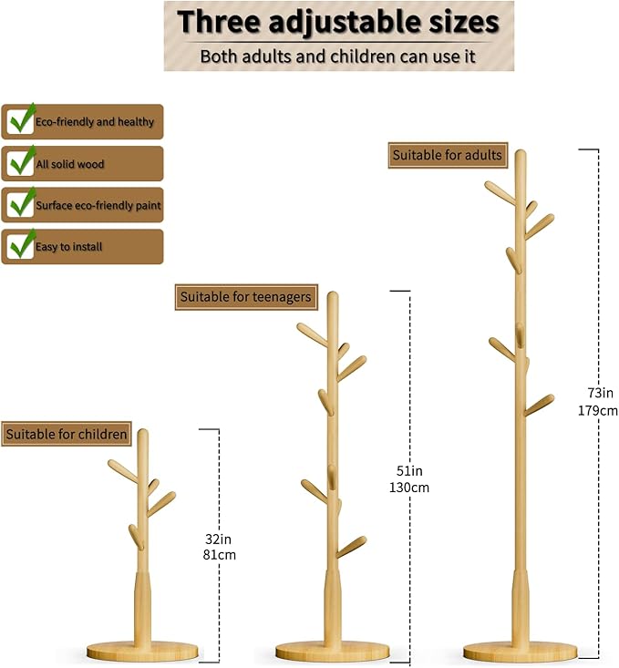 Solid Wood Round Base Coat Rack, Free Standing Hall Coat Tree with 8 Hooks（+2 spare) for Coats, Hats, Bags, Purses, for Entryway, Hallway, Rubberwood Hooks,Base and Pole(Round Base, Natural Beige)