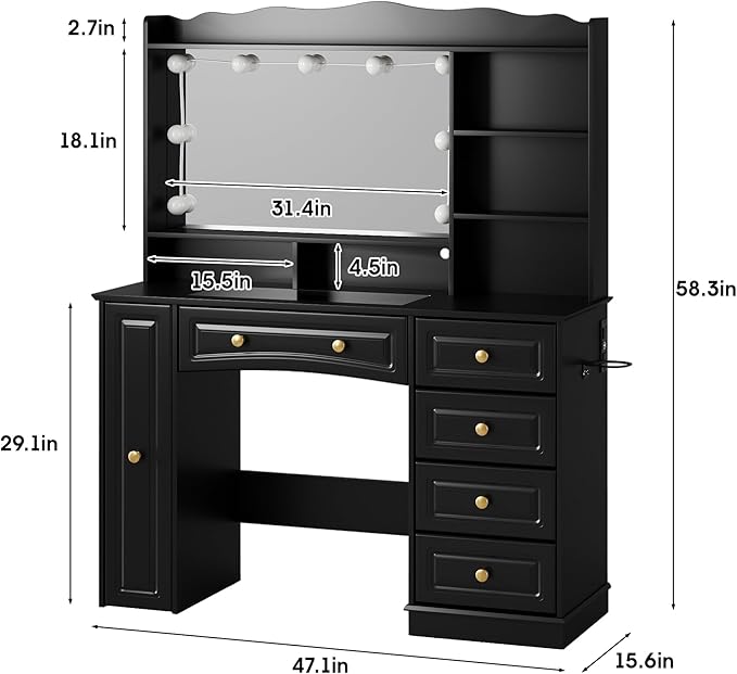 Maupvit Makeup Vanity with Mirror and Lights,Black Vanity Desk with Drawers and Shelves，Large Makeup Table with Glass Top，Bedroom Dressing Table,47.1in