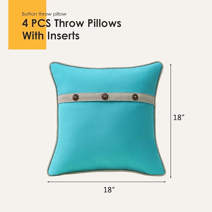 Outdoor Sunbrella Decorative Pillows with Triple Coconut Buttons Pack of 4, 18" x 18" Outdoor Pillow Set for Couch Bed Throw Patio Sofa, Canvas Aruba/Cast Ash