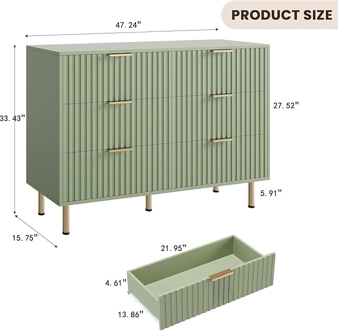 Green 6 Drawer Dresser for Bedroom, Fluted 47.2" Wide Modern Chest of Drawers with Deep Drawers, Long Large Double Dresser TV Stand for Living Room, Hallway, Kids Room