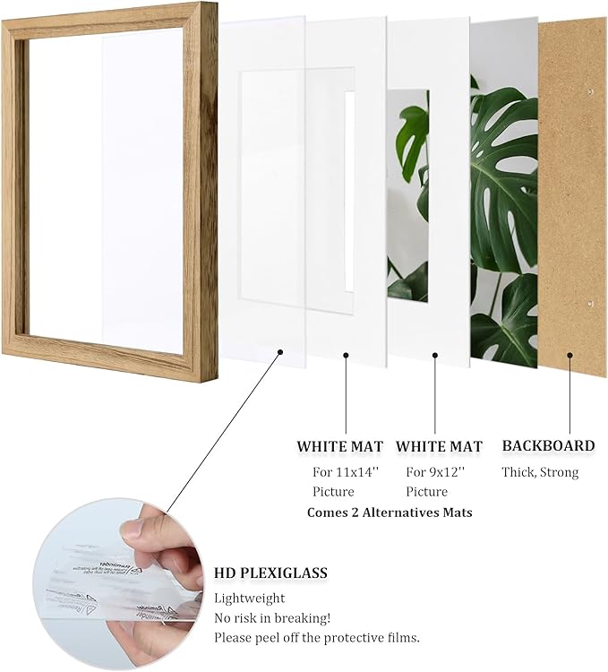 Egofine 12x16 Picture Frame with Plexiglass Made of Solid Wood, Display Pictures 9x12/11x14 with Mat or 12x16 Without Mat for Wall Mounting, Carbonized Brown