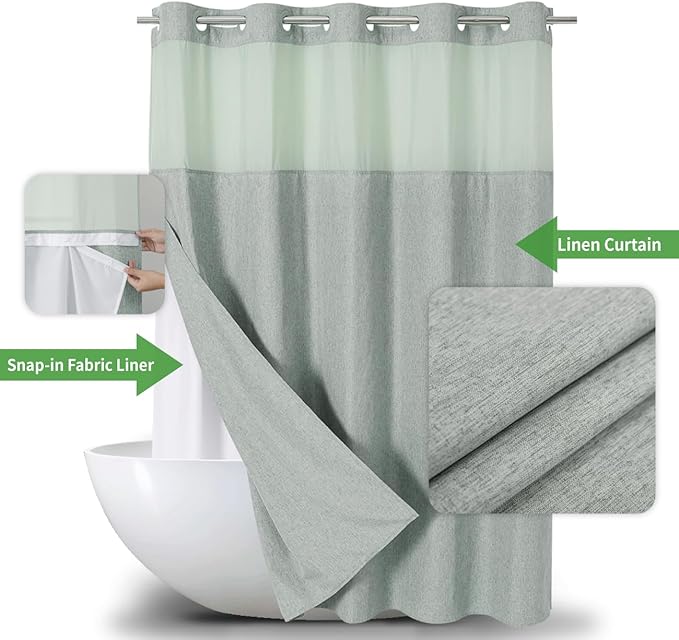 No Hooks Needed Linen Textured Shower Curtain with Snap-in Fabric Liner Set,Sage Green Hotel Luxury Decor Shower Curtains for Bathroom,Water Repellent & Washable,71Wx77H