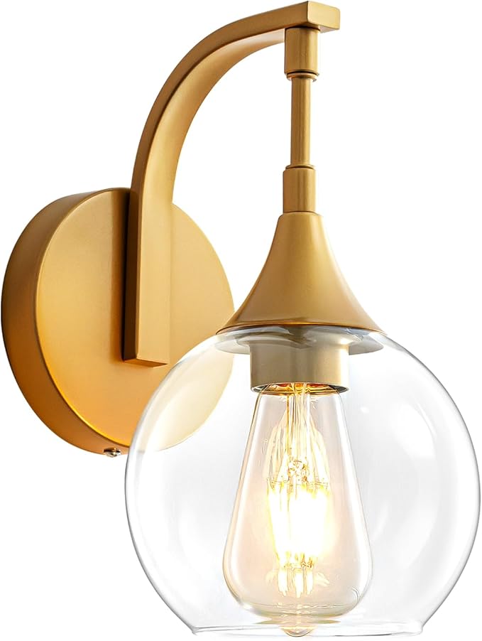 Gold Wall Sconce,1-Light Bathroom Vanity Lights Modern Wall Light Fixture with 4.9 Inches Clear Glass Shade, Wall Lamps for Bedroom Living Room Kitchen Stairway,E26