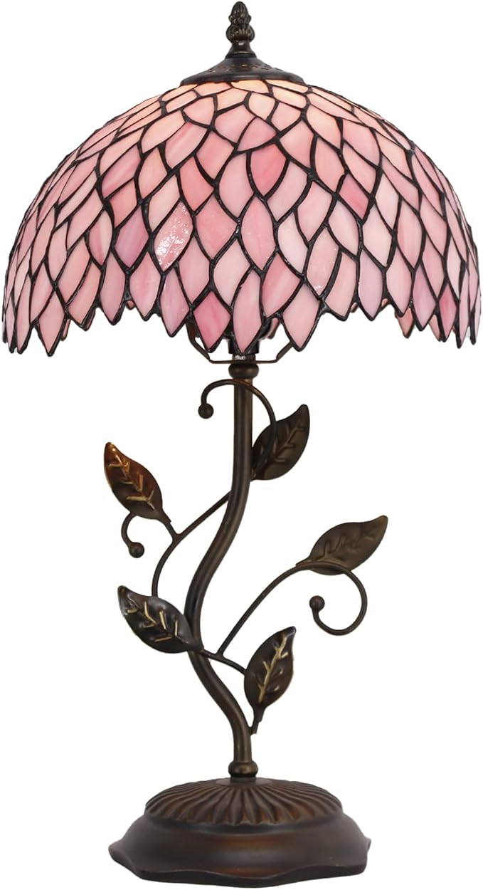 Tiffany Table Lamp, Stained Glass Desk Light, W12H19 Inch, Metal Leaf Base (Pink Wisteria)