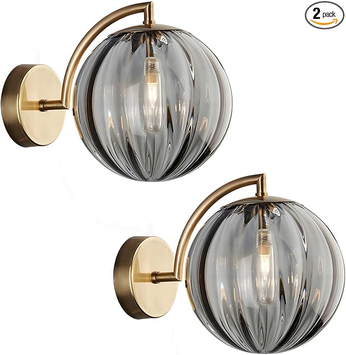 KCO Lighting Mid Century Modern Wall Mount Light Gold Wall Sconces Set of 2 Vintage Smoked Glass Wall Sconces Set of Two Farmhouse Bathroom Vanity Light Fixtures Brass Wall Sconce Globe Lamp