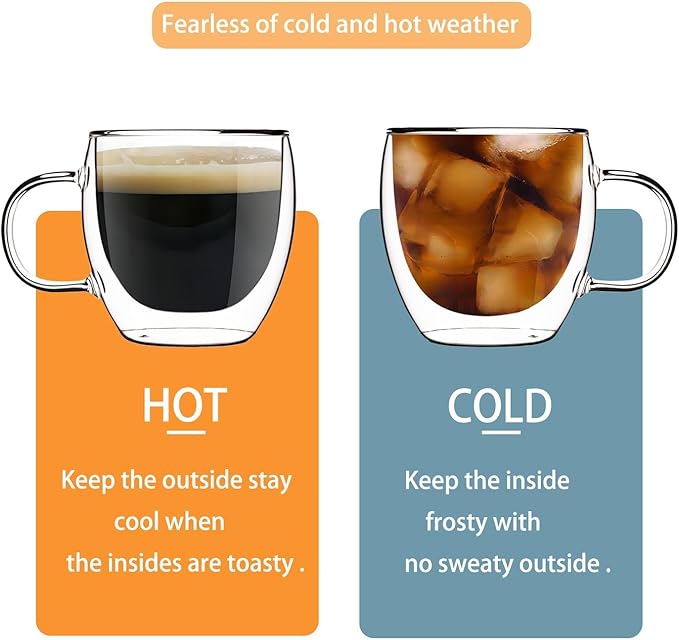 Espresso Cups Set Of 2 8 Oz, Double Walled Glass Coffee Mugs with Handle,Insulated Layer Coffee Cups,Clear Borosilicate Glass Mugs,Perfect for Cappuccino,Tea,Latte,Espresso,Hot Beverage,Wine