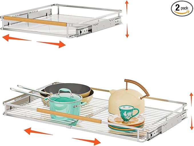 2Pack Expandable Pull Out Cabinet Organizer, Slide Out Drawers for Kitchen Cabinets, Heavy Duty Drawer Slides for Home Kitchen Pantry Cupboard Pots Pans, Adjustable Width 23.2"~39.9" W x 22.5''D