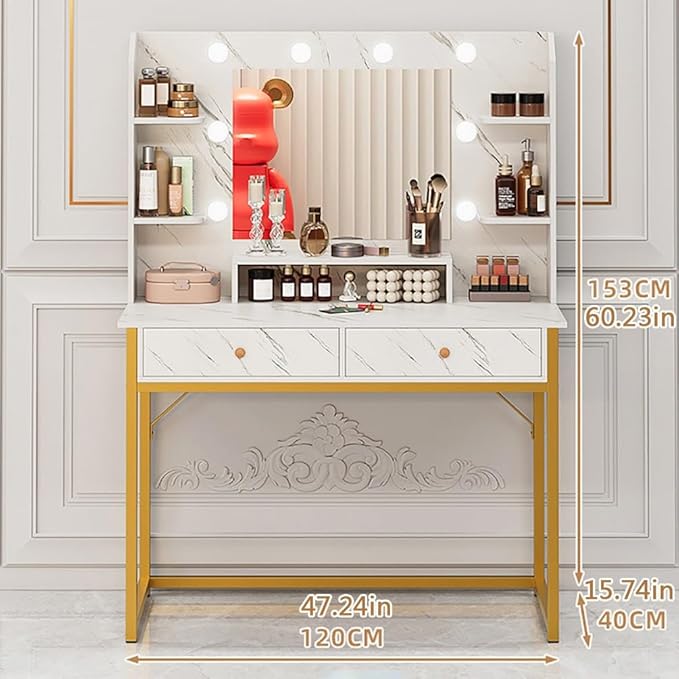 Vanity Desk with Mirror and Lights,Large Desktop Makeup Vanity Desk with 3 Color Modes Adjustable Bulb,2 Large Drawers for Bedroom/Hair Salon/Beauty Shop and Other Scenes White