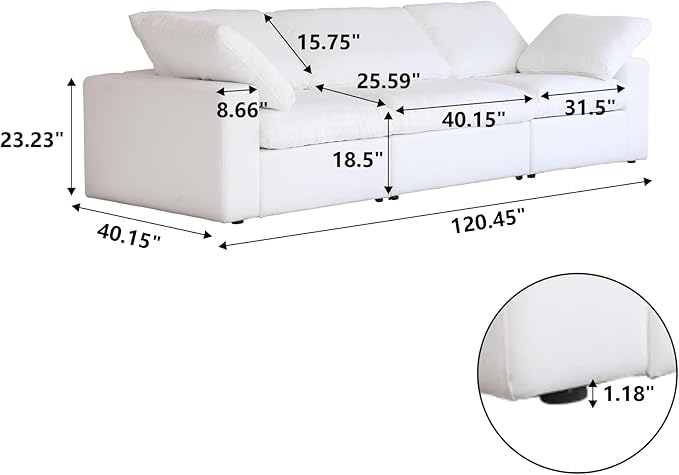 JACH Modular Sectional Sofas for Living Room, Deep 3-Seats Convertible Couch, Cushion Covers Removable, Modern Cloud Sectional Couches for Apartment (White), 120WE-3