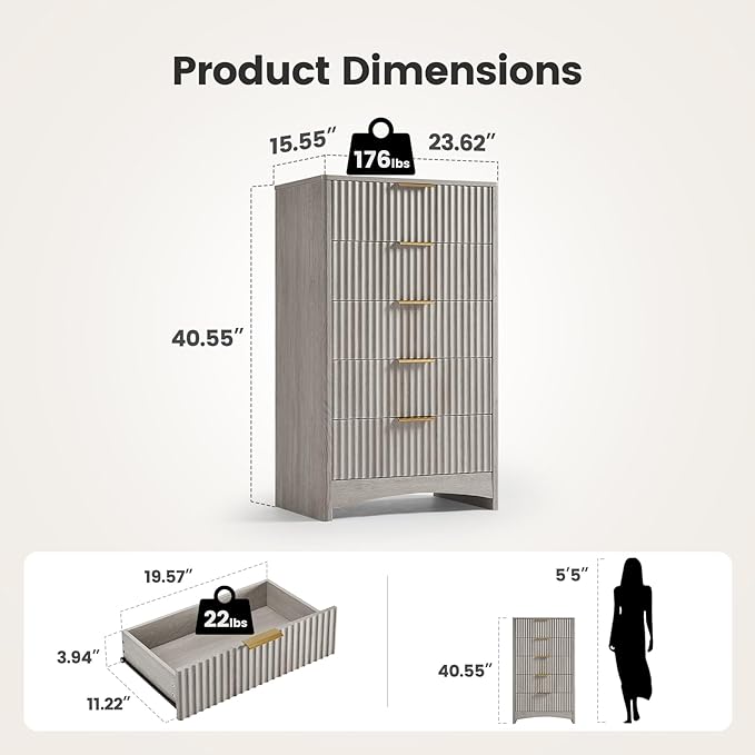 Amada Tall 5 Drawer Dresser, Modern Fluted Vertical Chest with Rounded Corners, Pre-Installed Drawer Slides & Narrow Storage Design for Bedroom or Hallway in Grey