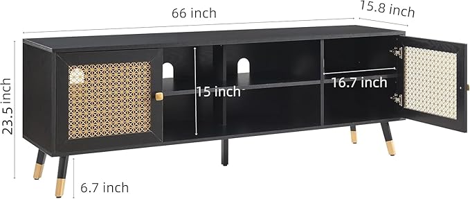 Mid Century Modern TV Consoles for Living Room, TV Stand for TVs Up to 75" - Black Entertainment Center with 2 Gold Metal Mesh Doors & MDF Wood Grain, 15.8" D x 66" W x 23.5" H