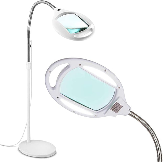 Brightech LightView Pro Magnifying Glass with Light and Stand, Magnifying Floor Lamp with a 6-Wheel Rolling Base for Facials, Lash Estheticians, Dimmable LED Work Light for Sewing, Crafts