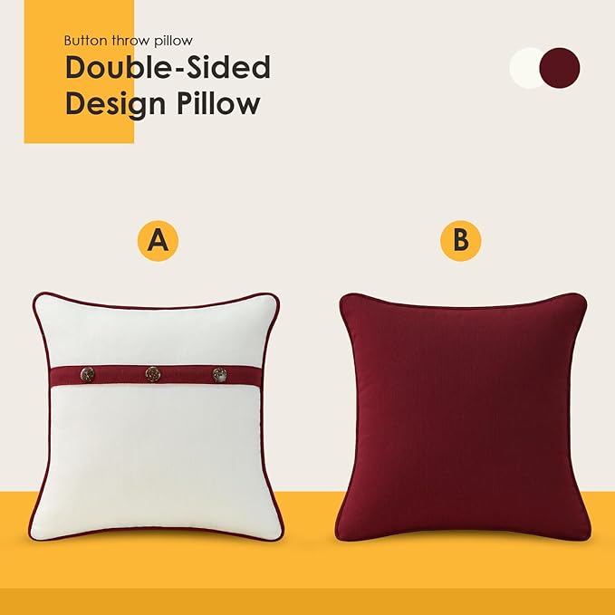 Outdoor Sunbrella Decorative Pillows with Triple Coconut Buttons Pack of 4, 16" x 16" Outdoor Pillow Set for Couch Bed Throw Patio Sofa, Spectrum Eggshell/Spectrum Ruby