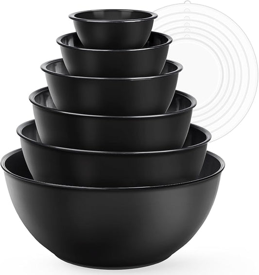 6-Piece Plastic Mixing Bowl Set with Lids for Kitchen, Nesting Storage Bowls for Baking, Prepping,Cooking and Serving Food, Dishwasher, Microwave Safe,Great for Mixing & Serving(6 Set-Black)
