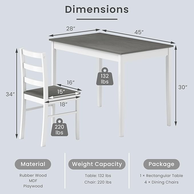 POWERSTONE Dining Table Set for 4, Kitchen Table Chairs Set of 4 with Rubber Wood Legs, Farmhouse 5 Piece Dining Table Set Solid Wood for Kitchen Dining Room Dinner (Grey)