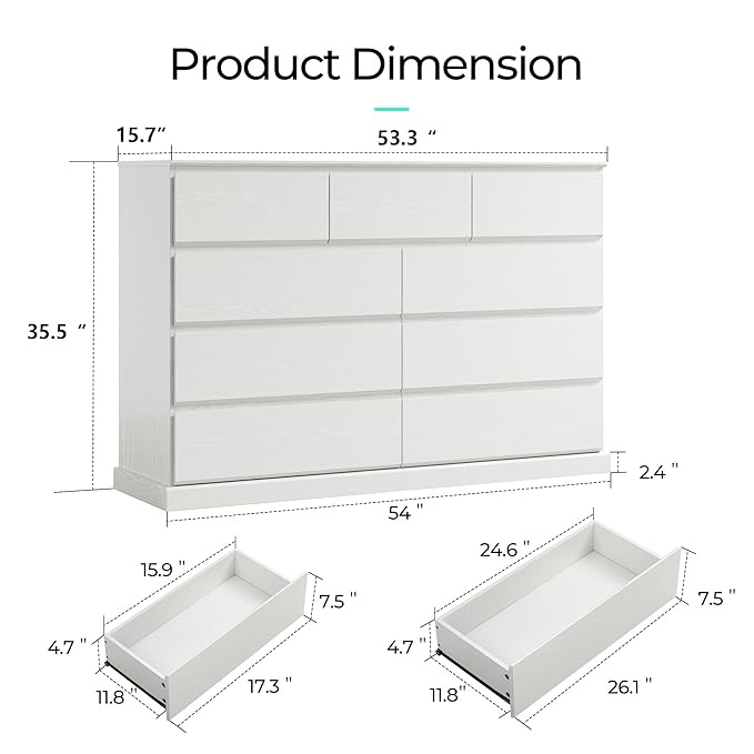 LINSY HOME 9 Drawer Dresser for Bedroom, 53" Wide Chest of Deep Drawers, Modern Farmhouse TV Stand Dressers with Storage, Large Drawer Organizer for Bedroom, Living Room, Handless Design, White