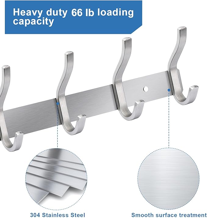 HAMUTH 12 Inch Coat Rack Wall Mount 2 Packs, Heavy Duty Wall Hooks with 4 Hooks, Silver Wall Hooks Hangers for Entryway, Bathroom - for Hanging Backpack, Bag, Coat, Purse, Hat, Towel, Clothes