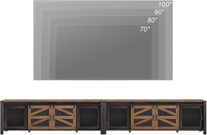 WAMPAT Farmhouse TV Stand for 100 Inch TV with Sliding Barn Door, Set of Two Modern Wood Entertainment Center with Storage Cabinets, Media Console Table for Living Room Bedroom，Dark Walnut and Black
