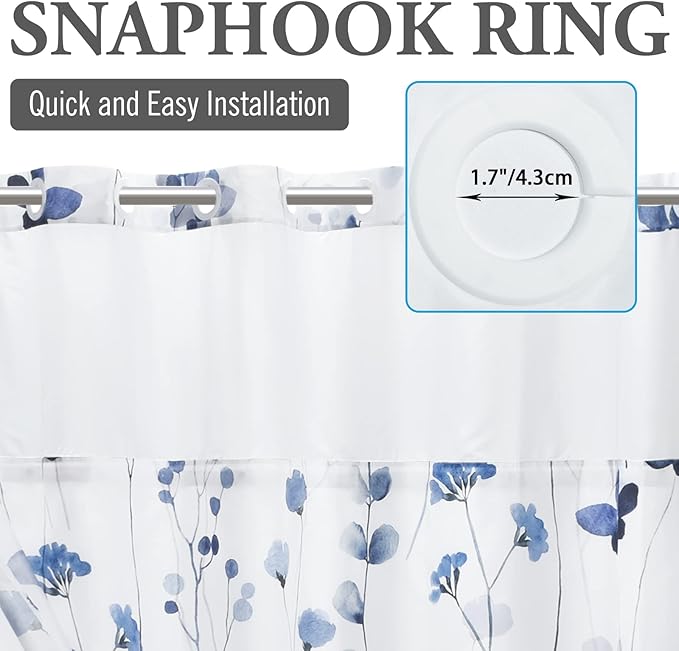 No Hook Shower Curtain with Snap in Liner - Watercolor Floral Shower Curtain - Fabric Waterproof Inner Liner, Plants Blue Flowers Modern Cloth Shower Curtains - Machine Washable, 71 x 86