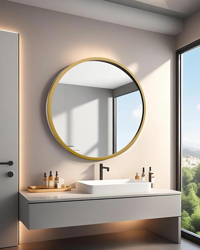Round Bathroom Mirror 30" X 30" Wall Mount Dresser Metal Frame Mirror Over Sink Vanity Hungs Horizontally Or Vertically for Bedroom, Entryway, Living Room,Gold