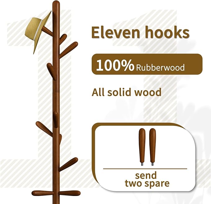 Solid Wood Coat Rack, Freestanding Tree-Shaped Coat Rack with 11 Hooks, Main Pole 1.6" dia for Clothes, Hat Stand Used in Bedroom/Office/Entryway (3-Leg Base, Brown)
