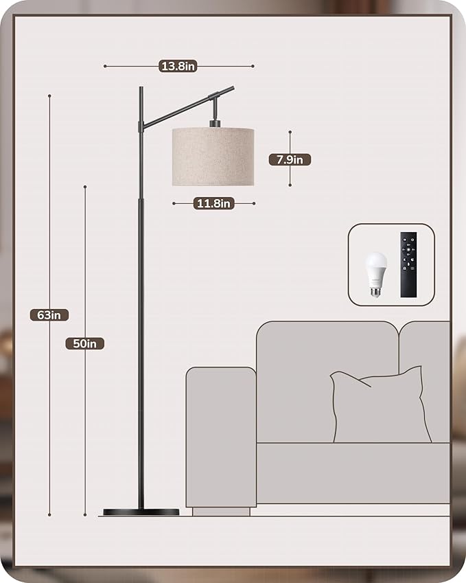 EDISHINE Modern Dimmable Floor Lamp, 63.8" Standing Lamp with Remote Control, E26 Socket, ACR Floor Lamp with Beige Shade for Bedroom, Living Room, Office, LED Bulb Included (Black)