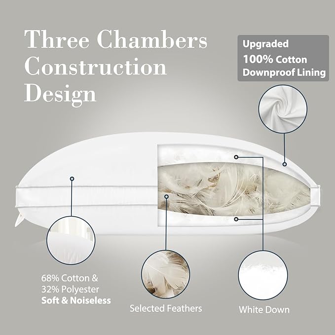 Globon Luxury Feather Down Pillow Standard Queen Size,Firm Gusseted Bed Pillows for Sleeping, Hotel Collection Fluffy Pillow,18"X26", Set of 2