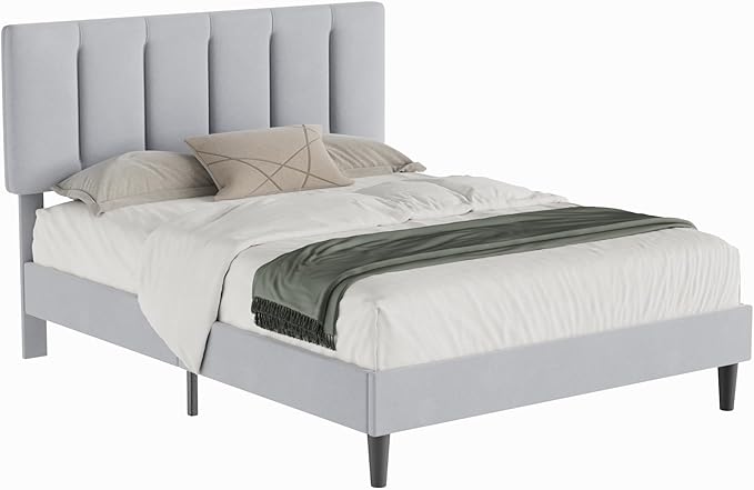 VECELO Queen Bed Frame with Upholstered Headboard, Heavy-Duty Platform Bedframe with Strong Wooden Slats Support, No Boxing Spring Needed, Light Grey