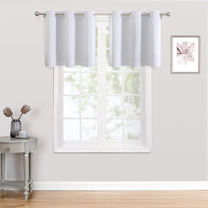 ChrisDowa Small Kitchen Valances for Windows - Grommet Short Thermal Insulated Room Darkening Window Valances Curtains for Living Room (2 Panels, Greyish White, 42 x 18 Inch)