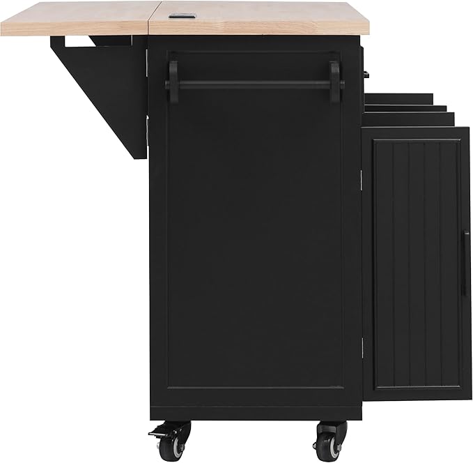 Merax 56.5" Kitchen Island with Drop Leaf, Power Outlet, Embossed Vertical Stripe Rolling Kitchen Cart on Wheels with 4 Doors, 5 Deep Drawers and Adjustable Shelves for Dining Room, Black