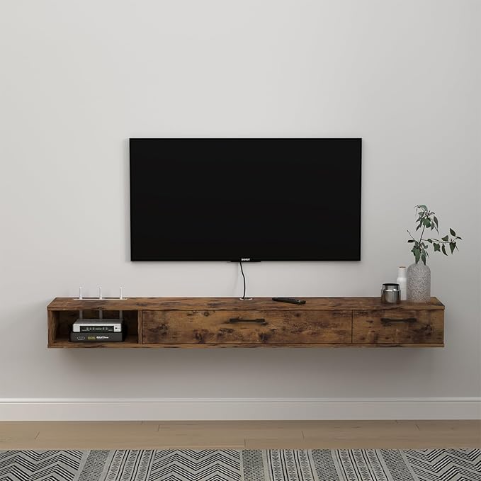 Pmnianhua Farmhouse Floating TV Stand with 2 Doors,55'' Under TV Shelf Floating,Wall Mounted TV Shelf,Rustic Floating TV Console for Under TV(Rustic Brown)