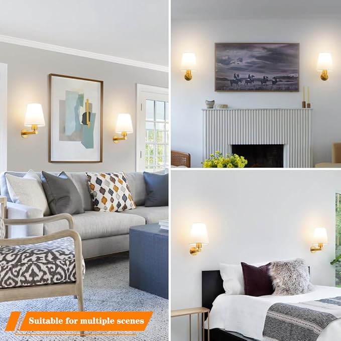 Battery Operated Wall Sconces Set of Two, Brass Gold Rechargeable Wireless Sconce Wall Lighting, Cordless Wall Mounted Lamp with USB Charging Bulb, Wall Light with Linen Fabric for Bedroom Living Room