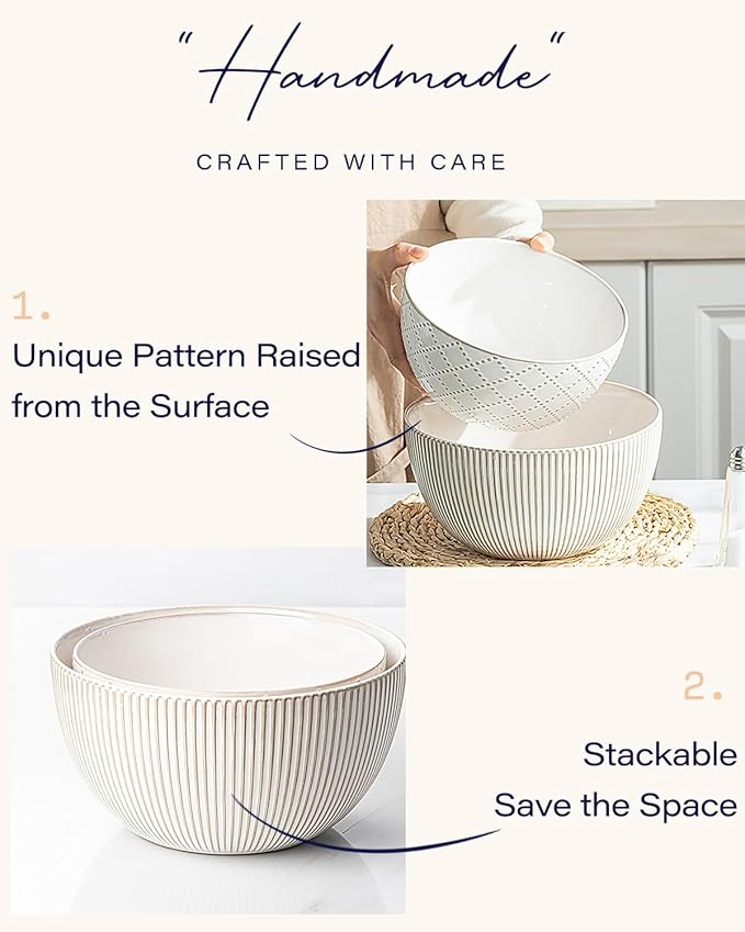 getstar Deep Ceramic Mixing Bowl Set of 2, 3&1.8 Qt Large Salad Serving Bowls Vintage Nesting Mixing Bowls for Cooking, Baking, Prepping, Microwave and Dishwasher Safe