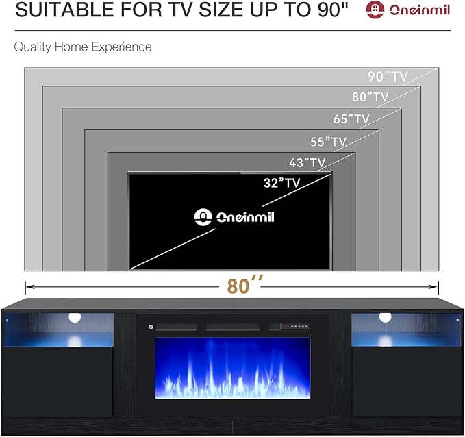 oneinmil 80” TV Stand with 36” Electric Fireplace, Large Modern Media Entertainment Center with Storage Cabinet and 12 Colors LED Lights for TVs Up to 90", Black TV Stand and Black Fireplace
