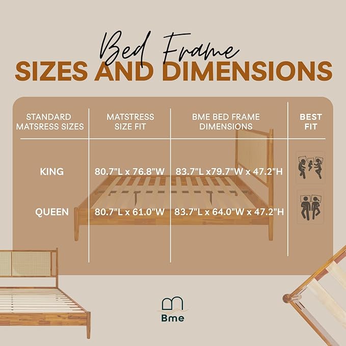 Bme Oliver Headboard Queen Size Bed Frame - 15-Inch Signature Design with Rattan Headboard, Bohemian and Mid Century Style, 12-Slat Wood Support, No Box Spring Needed - Easy Assembly, Caramel