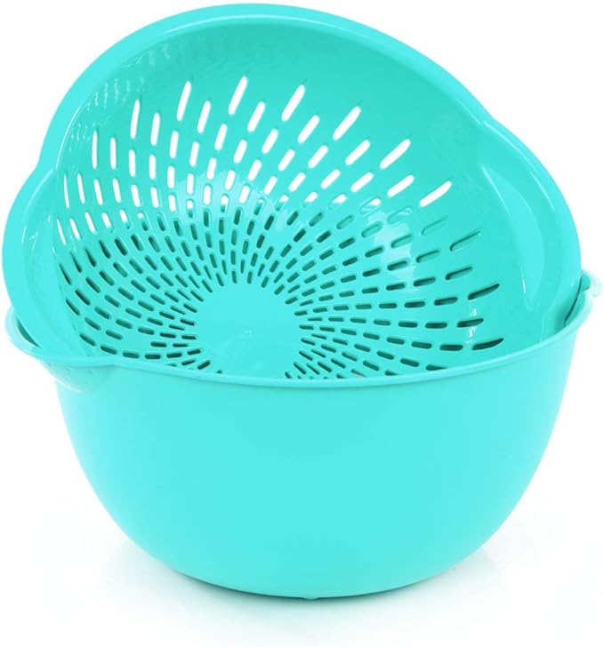 Mintra Home Mixing Bowl w/Colander (Large 4.5L, Teal) - For Washing & Draining Fruits And Vegetables - Heavy Duty Plastic for Baking, Cooking Supplies - Dishwasher Safe