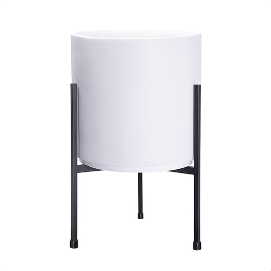 D'vine Dev Modern White Plants Pot Cylinder Planter with Heavy Duty Stand, Small 8 Inch Pot, 15 Inch with Stand Height, 96-T-A-1