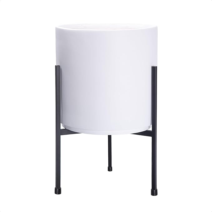 D'vine Dev Modern White Plants Pot Cylinder Planter with Heavy Duty Stand, Medium 10 Inch Pot, 16.3 Inch with Stand Height, 96-T-A-2