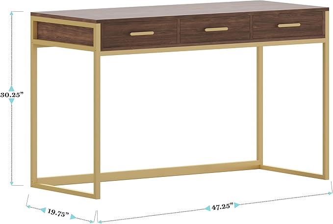 Martha Stewart Ollie Home Office Desk with 3 Drawers in Walnut Wood Grain with Polished Brass Hardware