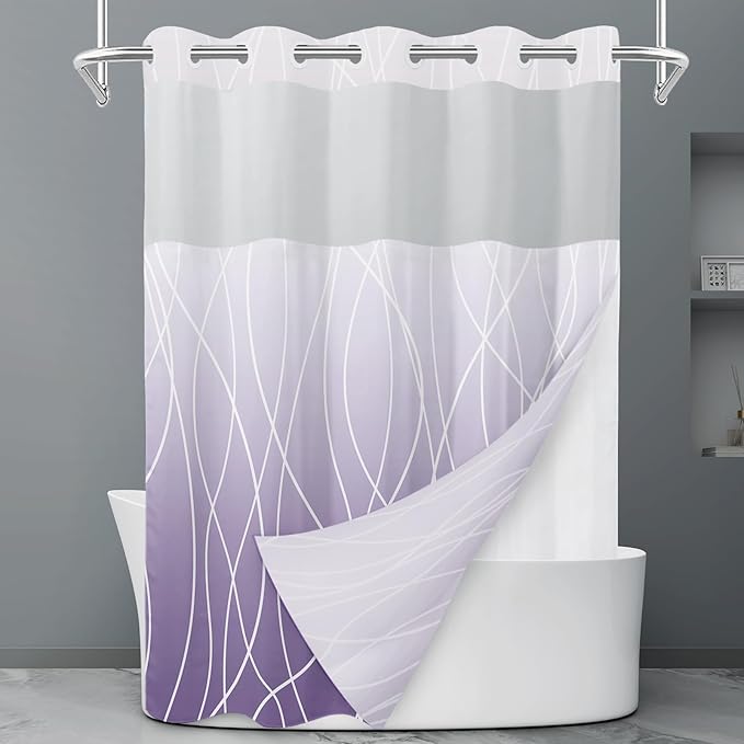 No Hook Ombre Purple Striped Shower Curtain with Snap in Liner Set - Hotel Shower Curtain and Liner Set with See Through Mesh Top Window,Machine Washable, 71x74 INCH