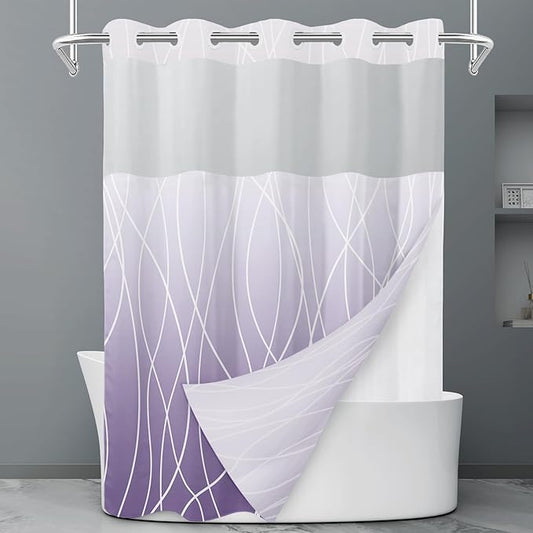 No Hook Ombre Purple Striped Shower Curtain with Snap in Liner Set - Hotel Shower Curtain and Liner Set with See Through Mesh Top Window,Machine Washable, 71x74 INCH
