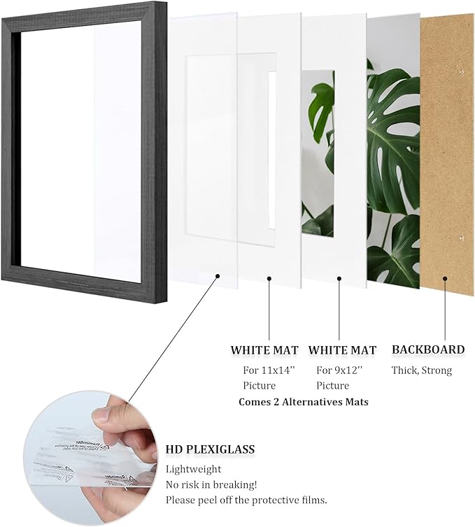 Egofine 12x16 Picture Frame Made of Solid Wood with Plexiglass, Display Pictures 9x12/11x14 with Mat or 12x16 Without Mat for Wall Mounting, Rustic Black