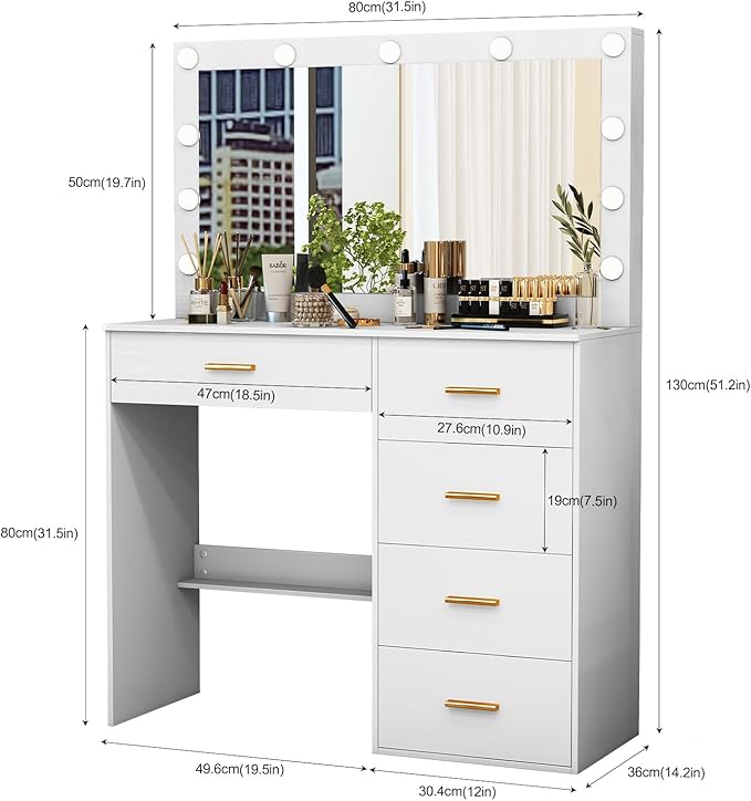Vanity Desk with Mirror and Lights, Dressing Table with Drawers, 3 Colors Lighting Adjustable Brightness, Makeup Table with Large Mirror for Girls, Women