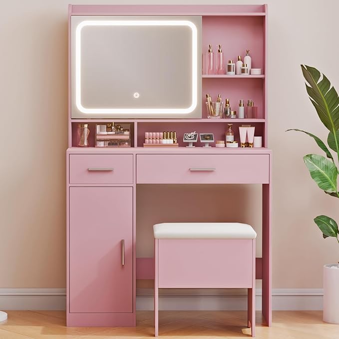 Vanity Desk with Sliding Mirror & Power Outlets - Dimmable LED Lighting, 4 Open Shelves, 2 Drawers, 1Storage Cabinet & Padded Stool - Ideal Bedroom Makeup Dressing Table （Pink）